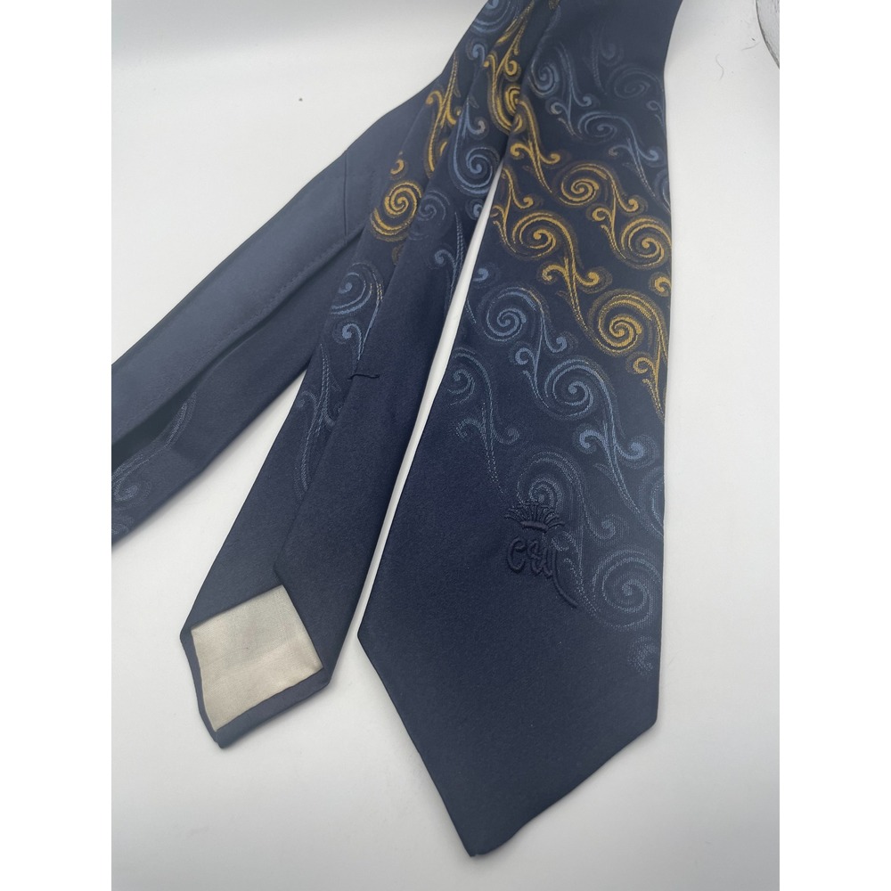 Countess Mara Mens Silk Necktie Navy Blue Gold Scroll Swirl Paisley Italy Logo